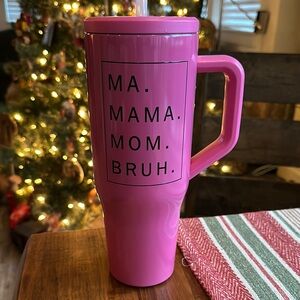 MA. MAMA. MOM. BRUG. Pink Travel Mug with Handle